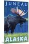 Moose at Night, Juneau, Alaska-Lantern Press-Mounted Art Print
