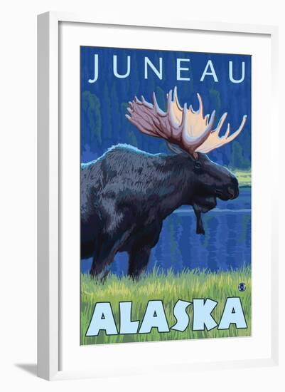 Moose at Night, Juneau, Alaska-Lantern Press-Framed Art Print