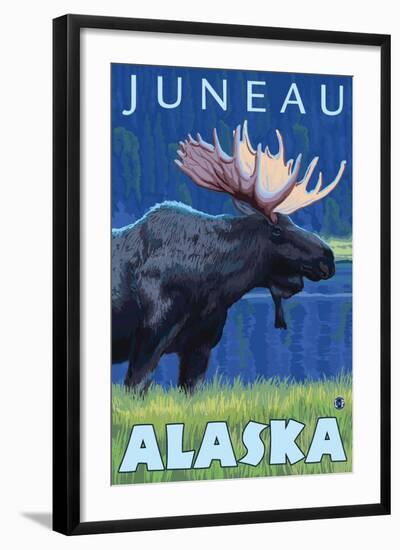 Moose at Night, Juneau, Alaska-Lantern Press-Framed Art Print