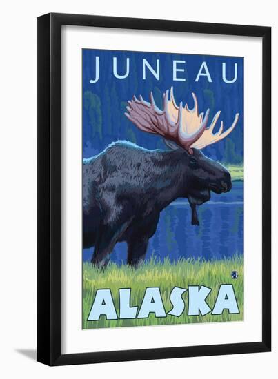 Moose at Night, Juneau, Alaska-Lantern Press-Framed Art Print