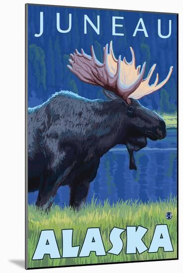 Moose at Night, Juneau, Alaska-Lantern Press-Mounted Art Print