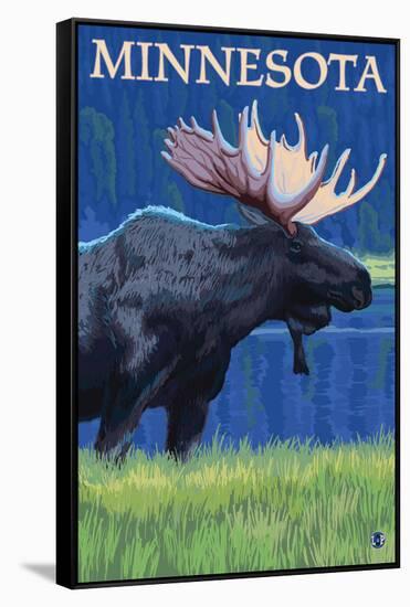Moose at Night - Minnesota-Lantern Press-Framed Stretched Canvas