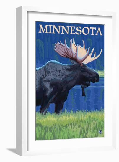 Moose at Night - Minnesota-Lantern Press-Framed Art Print