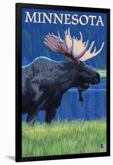 Moose at Night - Minnesota-Lantern Press-Framed Art Print