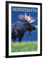 Moose at Night - Minnesota-Lantern Press-Framed Art Print