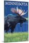 Moose at Night - Minnesota-Lantern Press-Mounted Art Print