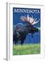 Moose at Night - Minnesota-Lantern Press-Framed Art Print