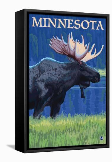 Moose at Night - Minnesota-Lantern Press-Framed Stretched Canvas