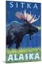 Moose at Night, Sitka, Alaska-Lantern Press-Mounted Art Print