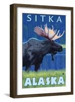 Moose at Night, Sitka, Alaska-Lantern Press-Framed Art Print