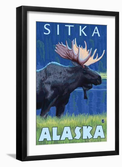 Moose at Night, Sitka, Alaska-Lantern Press-Framed Art Print