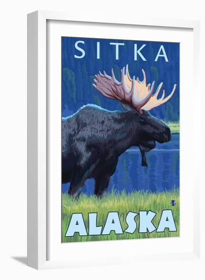 Moose at Night, Sitka, Alaska-Lantern Press-Framed Art Print