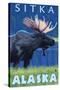 Moose at Night, Sitka, Alaska-Lantern Press-Stretched Canvas