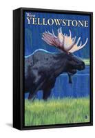 Moose at Night, West Yellowstone, Montana-Lantern Press-Framed Stretched Canvas