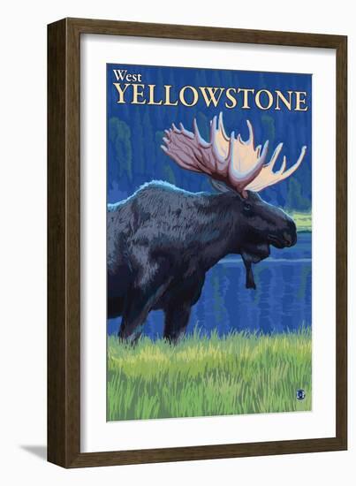 Moose at Night, West Yellowstone, Montana-Lantern Press-Framed Art Print