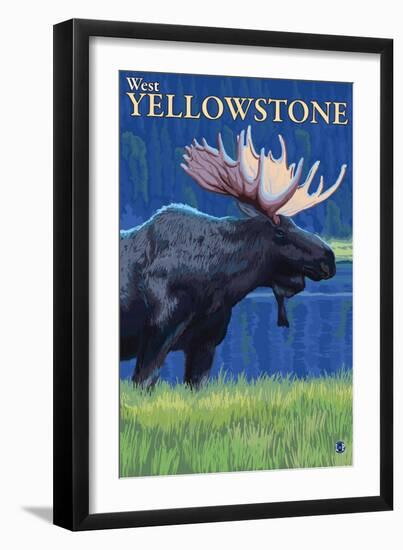 Moose at Night, West Yellowstone, Montana-Lantern Press-Framed Art Print