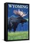 Moose at Night, Wyoming-Lantern Press-Framed Stretched Canvas