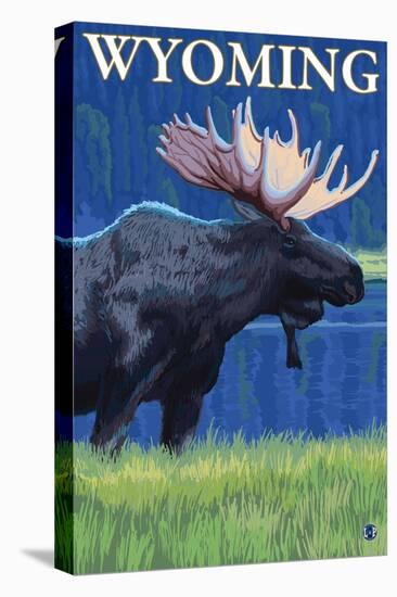 Moose at Night, Wyoming-Lantern Press-Stretched Canvas