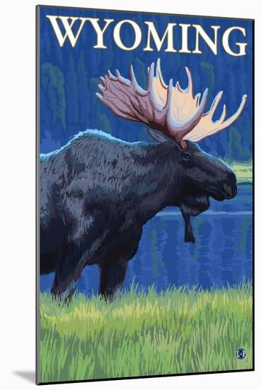 Moose at Night, Wyoming-Lantern Press-Mounted Art Print