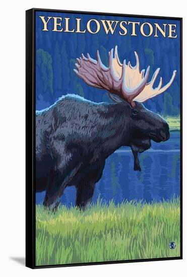 Moose at Night, Yellowstone National Park-Lantern Press-Framed Stretched Canvas