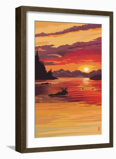 Moose at Sunset (Image Only)-Lantern Press-Framed Art Print