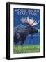 Moose Brook State Park - Moose at Night-Lantern Press-Framed Art Print