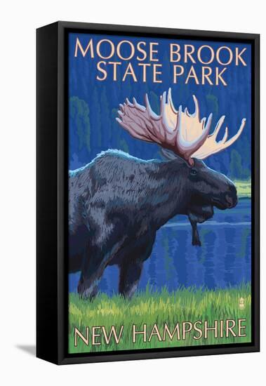 Moose Brook State Park - Moose at Night-Lantern Press-Framed Stretched Canvas