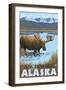 Moose Drinking at Lake, Anchorage, Alaska-Lantern Press-Framed Art Print
