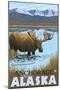 Moose Drinking at Lake, Anchorage, Alaska-Lantern Press-Mounted Art Print