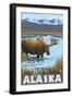 Moose Drinking at Lake, Denali National Park, Alaska-Lantern Press-Framed Art Print