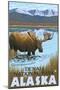 Moose Drinking at Lake, Denali National Park, Alaska-Lantern Press-Mounted Art Print