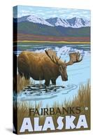 Moose Drinking at Lake, Fairbanks, Alaska-Lantern Press-Stretched Canvas