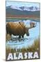 Moose Drinking at Lake, Fairbanks, Alaska-Lantern Press-Mounted Art Print