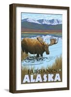 Moose Drinking at Lake, Fairbanks, Alaska-Lantern Press-Framed Art Print