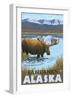 Moose Drinking at Lake, Fairbanks, Alaska-Lantern Press-Framed Art Print