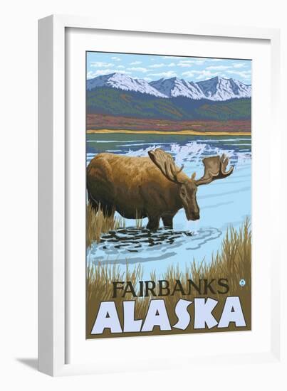 Moose Drinking at Lake, Fairbanks, Alaska-Lantern Press-Framed Art Print