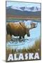 Moose Drinking at Lake, Fairbanks, Alaska-Lantern Press-Mounted Art Print