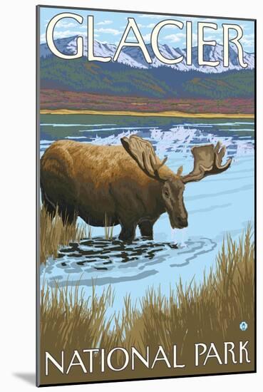 Moose Drinking at Lake, Glacier National Park, Montana-Lantern Press-Mounted Art Print