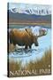 Moose Drinking at Lake, Glacier National Park, Montana-Lantern Press-Stretched Canvas