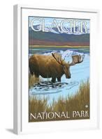 Moose Drinking at Lake, Glacier National Park, Montana-Lantern Press-Framed Art Print