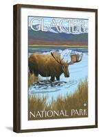 Moose Drinking at Lake, Glacier National Park, Montana-Lantern Press-Framed Art Print