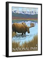 Moose Drinking at Lake, Glacier National Park, Montana-Lantern Press-Framed Art Print