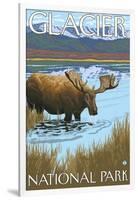 Moose Drinking at Lake, Glacier National Park, Montana-Lantern Press-Framed Art Print