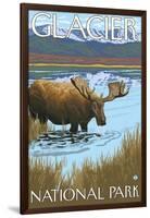 Moose Drinking at Lake, Glacier National Park, Montana-Lantern Press-Framed Art Print