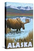 Moose Drinking at Lake, Sitka, Alaska-Lantern Press-Stretched Canvas