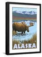 Moose Drinking at Lake, Sitka, Alaska-Lantern Press-Framed Art Print