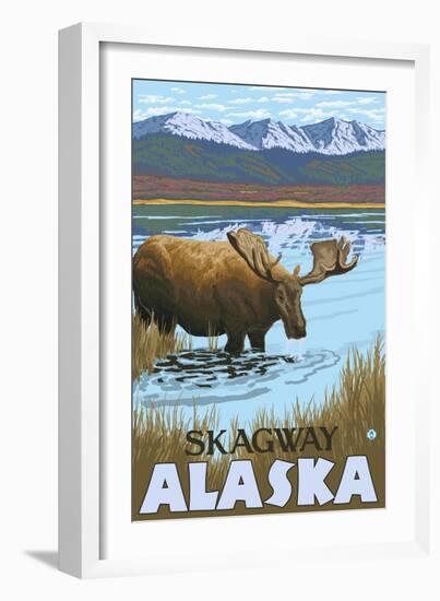 Moose Drinking at Lake, Skagway, Alaska-Lantern Press-Framed Art Print