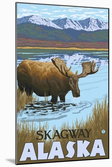 Moose Drinking at Lake, Skagway, Alaska-Lantern Press-Mounted Art Print