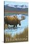 Moose Drinking at Lake, West Yellowstone, Montana-Lantern Press-Stretched Canvas
