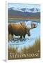 Moose Drinking at Lake, West Yellowstone, Montana-Lantern Press-Framed Art Print